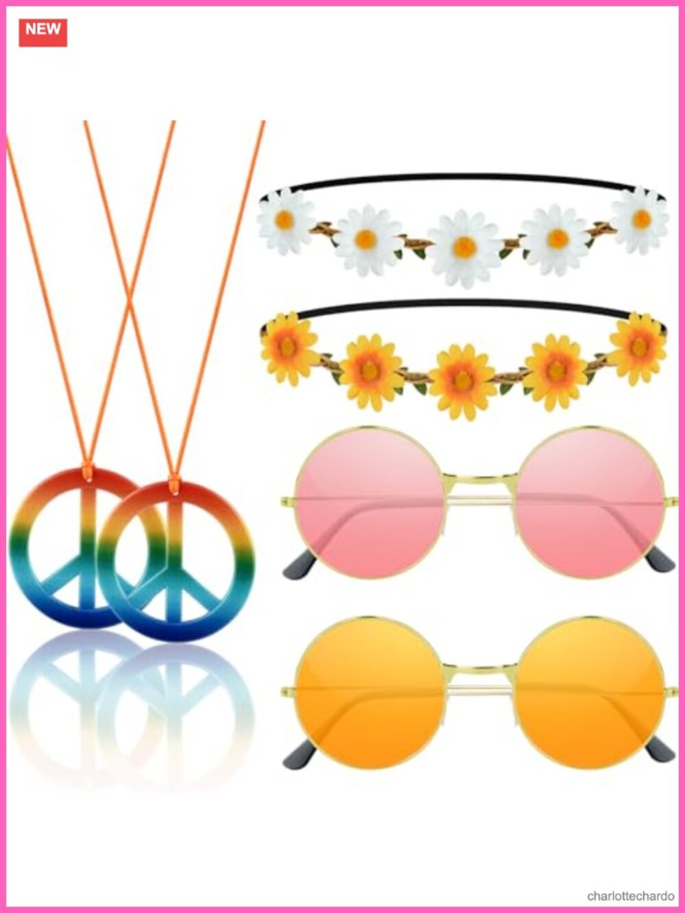 Hippie Costume Accessory Set Daisy Headbands Peace Necklaces Sunglasses 60s 70s